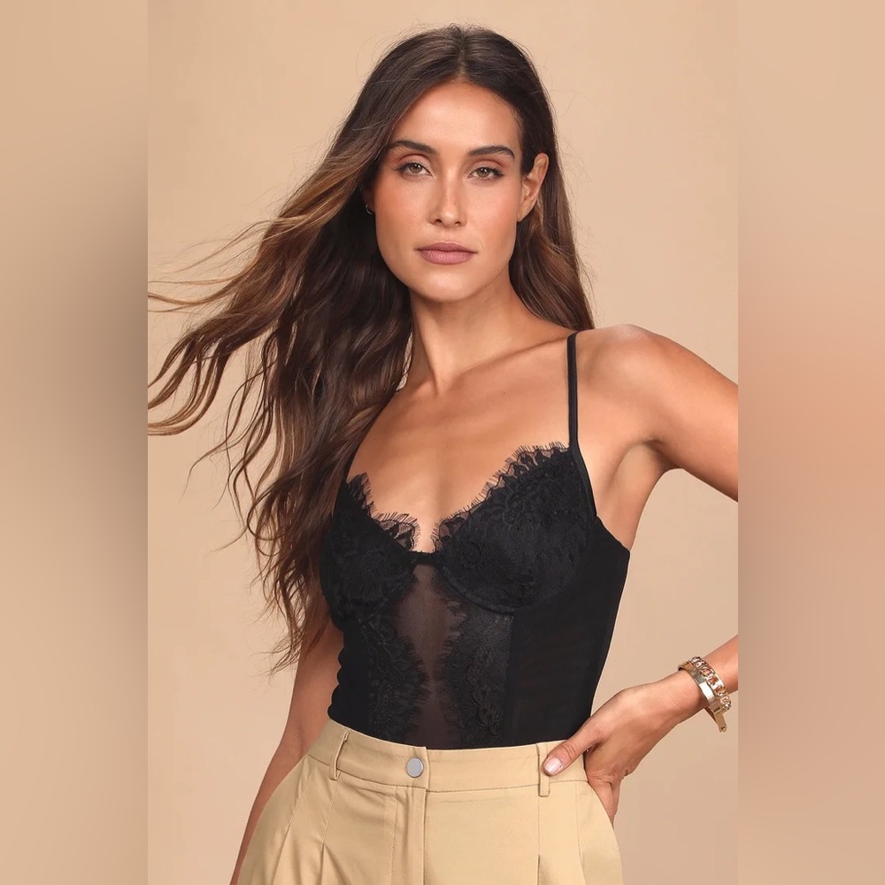 Lulus Draw You In Black Sleeveless Lace Bustier Bodysuit